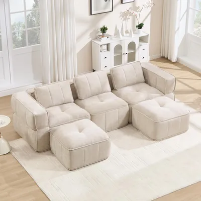 Immagine prodotto di Divano modulare a forma di U, color beige, con 3 posti e 2 poggiapiedi, realizzato in poliestere, dimensioni 271x162x67 cm, seduta profonda, non richiede montaggio