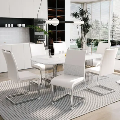 A dining set with white chairs and a marble-top table in a modern dining room.