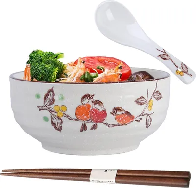 Zdjęcie produktu dla Zestaw ceramicznych misek do ramen, z łyżką i pałeczkami, 3-częściowy, idealny do zup