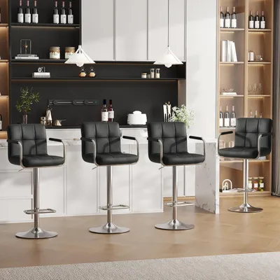 Produktbild von Barhocker 4er Set höhenverstellbar Kunstleder 360° drehbar mit Armlehnen Rückenlehne Fußstütze Schwarz