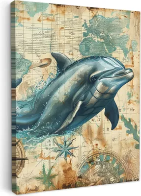 Obrázek produktu pro OneMillionCanvasses® - Plátno - Vintage - Delfín - Zvířata - Akvarel - Modrá, nástěnný obraz, nástěnná dekorace Obývací pokoj, 30x40cm