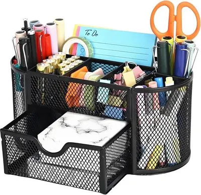 Image de Organisateur de bureau Unyqoos® en métal ajouré – gain de place, 8 compartiments + 1 tiroir transparent, 22 x 11 x 10,5 cm, antidérapant