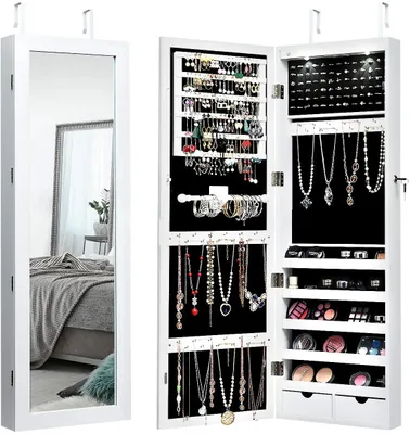 Produktbild von COSTWAY LED Schmuckschrank mit Ganzkörperspiegel Schmuckregal Tür- und Wandmontage hängender Schmuck Weiß