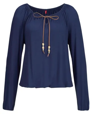 Produktbild von s.Oliver Langarmshirt mit Bindeband in Lederoptik am Ausschnitt, Boho-Style dunkelblau Größe 36/38
