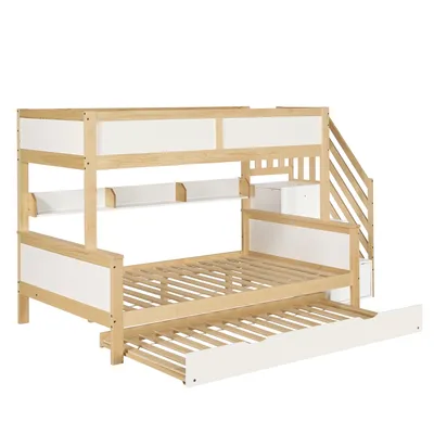 Produktbild von Etagenbett mit 2 Liegeflächen, Gästebett, Lattenrost, Regal und Kleiderschrank, Kinderbett mit Rausfallschutz, Kiefer