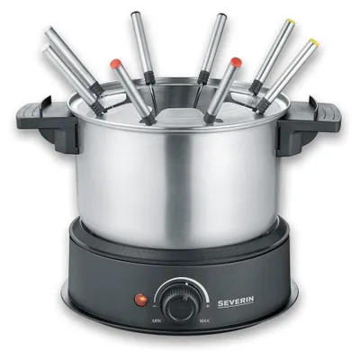 Produktbild von Severin Fondue, spülmaschinengeeignetes Fondueset mit 8 farbigen Gabeln, elektrisch, Edelstahl, für Öl-, Käsefondue, Schokofondue, schwarz, FO 2470