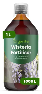 Obrázok produktu pre Tekuté hnojivo pre glicínie, 1 liter – vzťah živín NPK: 2-1-8 – Vhodné pre glicínie – Podporuje bohaté kvitnutie, zdravý rast a silné korene – Organický produkt