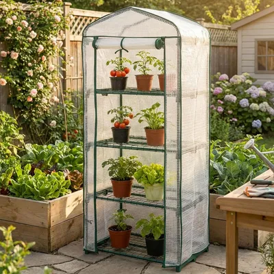 Immagine prodotto di Serra in plastica 49x69x160 cm a 4 ripiani, robusta serra per la coltivazione con telo in rete di PE da 120 g/m², porta a rullo, struttura in acciaio e sistema a incastro per balconi e