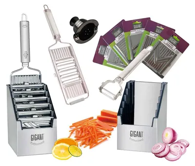 Image de Râpe à légumes Gigant 4 en 1 Super Megaset avec coffret multi-usages, 5 inserts supplémentaires et un éplucheur en acier inoxydable