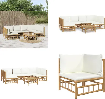 Produktbild von vidaXL 7 tlg. Garten Lounge Set mit Cremeweißen Kissen Bambus - Garten Lounge Set - Garten Lounge Sets - Lounge Set - Gartenmöbel Set