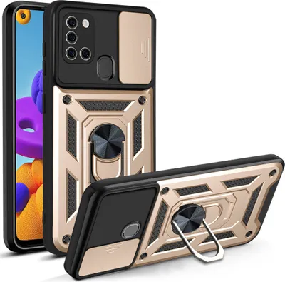 Produktbild von Galaxy A21S Hülle mit 360° Drehbarer Magnetische Ring Ständer Halter Dia Kameraschutz TPU Bumper Silikon Schutzhülle für Samsung Galaxy A21S Gold