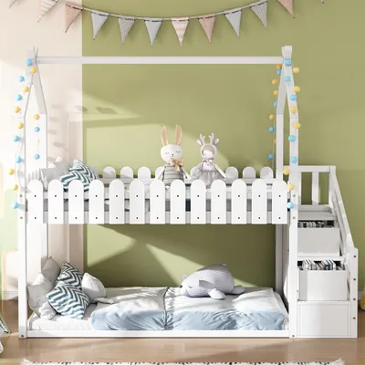 Produktbild von Kinderbett Etagenbett, mit 3 Treppen, mit 2 Schubladen 200 X 90cm, Kinderbett mit Zaundekor, massivholz, weiß
