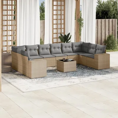 Produktbild von Design 11-tlg. Garten-Sofagarnitur mit Kissen Beige Poly Rattan, Gartenmöbel-Sets 2024 Neu
