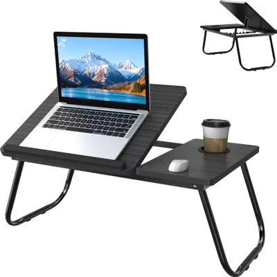 Zdjęcie produktu dla LZQ Składany stolik pod laptopa z 5-stopniowym pochyleniem i uchwytem na kubek - Składany stolik pod laptopa do łóżka i sofy, przenośny stolik do czytania, pracy i śniadania, czarny