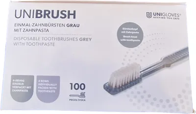 Produktbild von Unibrush Einmalzahnbürste mit Zahnpasta 100 Stück Grau