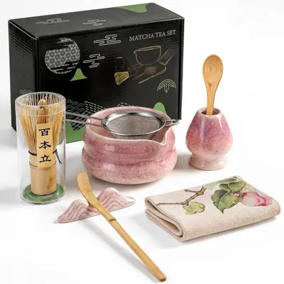 Produktbild von Matcha Set 8-teilig Keramikschale Bambusbesen Halter Löffel Sieb Tuch Lila Farbverlauf
