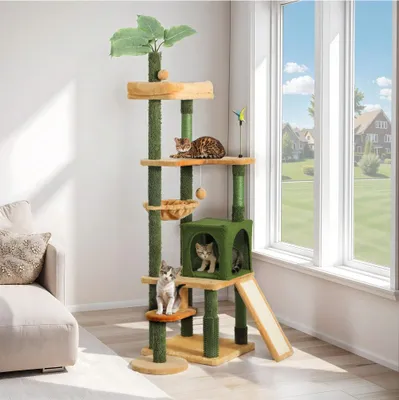 Produktbild von BALCONERA Kratzbaum 185cm mit Blättern für Hauskatzen, Süßer Katzenkletterturm mit Selbstpflegebürste, Katzenhaus, Sitzstange Oben, Korb, Sisal-Kratzbäumen und -Brett, Spielbällen