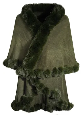 Produktbild von Damen Poncho - Fein gestrickt - Mit Kunstfellbesatz - Freie Größe - Cape Design