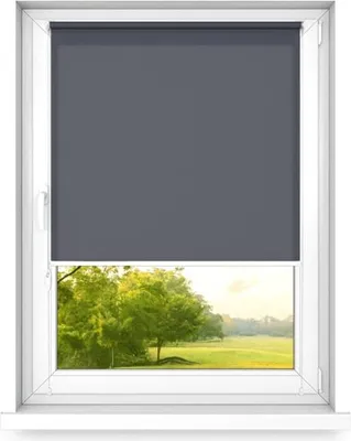 A window with a roller blind partially covering the view of a green landscape.