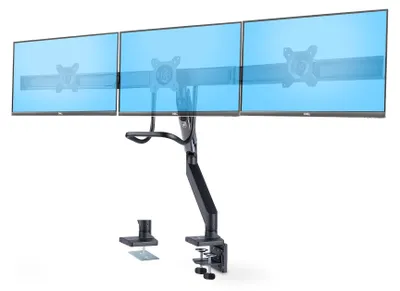 Produktbild von StarTech.com Monitortischhalterung für 3 Monitore 27 Zoll, VESA 75/100 Monitorhalterung mit Gasdruckfeder, Höhenanpassbare Klemm/Tüllen Bildschirmhalterung/Monitorarm, Werkzeuglose Armverstellung, Klemme/Durchführung, 18 kg, 43,2 cm (17"), 68,6 cm (27"), 100 x 100 mm, Schwarz, Silber