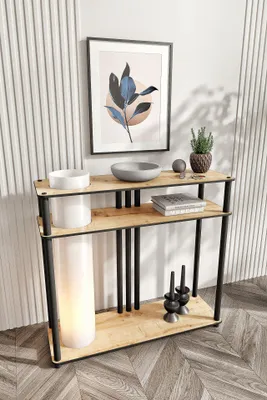 Produktbild von Opviq, Hochwertige Stehlampe aus Craft-Papier & MDF, Eiche, 80 cm hoch, 1 x E27 max. 40 W, IP23, elegantes Industriedesign, ideal für moderne Wohnräume.