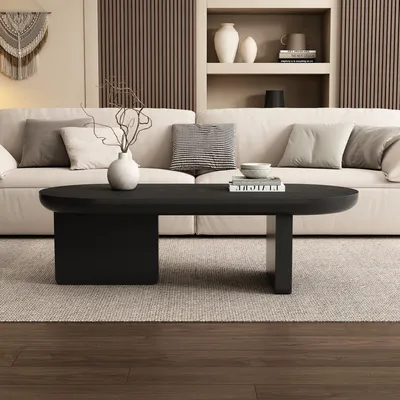 Immagine prodotto di Tavolino da caffè, dimensioni 119,7 x 49,8 x 35,5 cm, 100% MDF, colore nero, tavolino da caffè nero di forma ovale con superficie verniciata a spruzzo