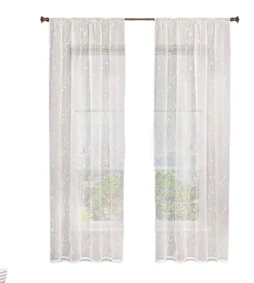 Obrázek produktu pro Průhledné záclony s květinovou výšivkou a stahovacími páskami, 2 kusy | Béžová barva | 140 x 245 cm