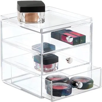 Obrázok produktu pre Unyqoos® Priehľadná plastová zásuvková zásuvka, stohovateľná – organizér na make-up a šperky, 16,5 x 18 x 18 cm, s chrómovými úchytkami