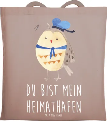 Produktbild von Mr. & Mrs. Panda Tote Bag Eule Matrose - Braun Pastell - Geschenk, Tasche, Shopping, Owl, Jutebeutel, Uni, Heimathafen, Stoffbeutel, Ehe