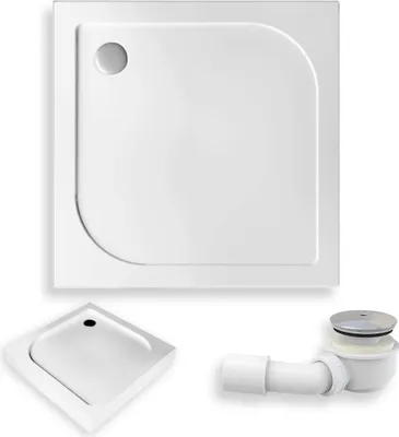 A white square shower tray with a rounded corner, shown from a top-down perspective, along with a smaller version of the tray and a drain assembly.
