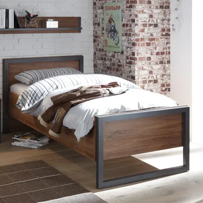 Produktbild von Jugendbett Bettgestell DALLAS-61 Liegefläche 90x200cm im Industrial Stil mit Matera Anthrazit und Stirling Oak Nb. B/H/T ca. 106x86x209cm
