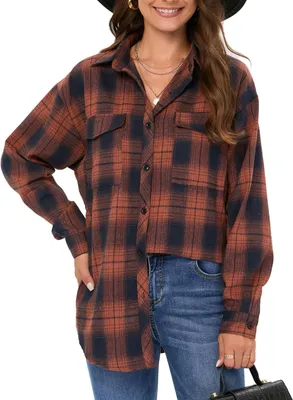 Productafbeelding van Geruite hemdblouse voor dames met knoopsluiting, lange mouwen en V-hals