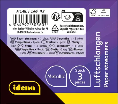 Produktbild von Luftschlangen 18 Abrisse 5 Metallicfarben 4m 3 Stück