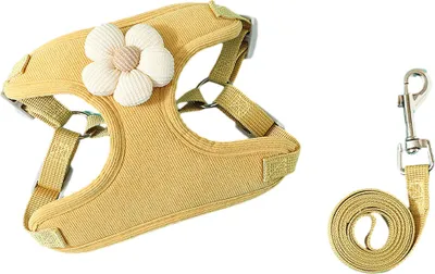 Image de Harnais et laisse pour chien avec pendentif à fleurs, ceinture de sécurité pour chiens et chats pour la voiture, harnais pour voiture(jaune,L)