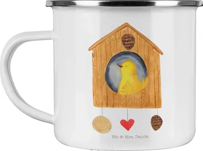 Produktbild von Mr. & Mrs. Panda blechbecher Vogelhaus Home - Weiß - Geschenk, Blechtasse, Teebecher, Pott, Lustige Sprüche, Hausbau, Teetasse, Umzug, Haus, Emaille Becher, Tasse, Vogel