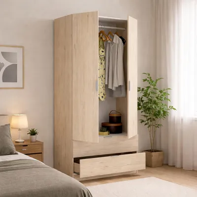 Produktbild von Kleiderschrank Dlunin, Garderobe für Schlafzimmer, Kleiderschrank mit 2 Flügeltüren und 2 Schubladen, 81x52h184 cm, Eiche