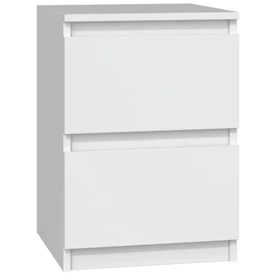 A white two-drawer nightstand on a white background.