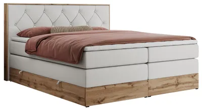 Produktbild von MKS MEBLE King Boxspringbett 140x200 mit Bettkasten Eiche, Polsterbett 140x200 mit Matratze H3, Bett 140x200 mit Kopfteil, Bett mit Holzrahmen in Wotan Eiche - Weiß Kunstleder - Veneto King