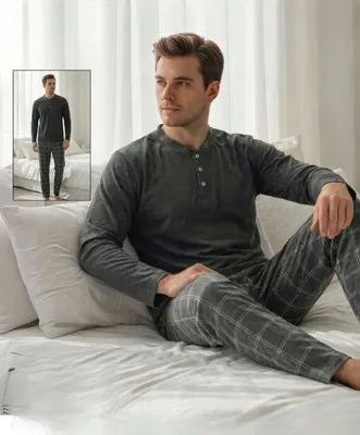 Produktbild von Herren Pyjama Schlafanzug Grau M Baumwolle Lang M-75