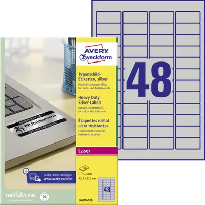 Produktbild von Avery Zweckform L6009-100 Typenschild-Etiketten, 45,7 x 21,2 mm, 100 Bogen/4.800 Etiketten, silber