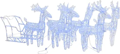A wireframe Christmas decoration of a sleigh being pulled by four reindeer, illuminated with blue lights.