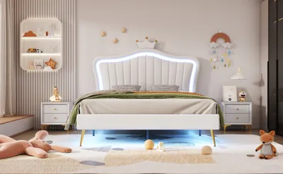 Produktbild von okwish Kinderbett Polsterbet 140 x 200 cm, Bettgestell weißes Kronen-Doppelbett aus Kunstleder mit LED-Leuchten, Lattenrost und Rückenlehne(Ohne Matratze)