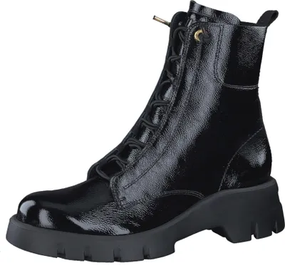 A black patent leather boot with laces and a thick sole, presented on a white background.