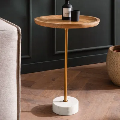 Image de WOHNLING Table d'appoint Mango Bois massif Véritable marbre 40x40x55 cm Table d'appoint Petite table de rangement ronde Table de salon Table basse Moderne Haute
