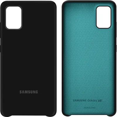 A split image showing the front and back of a black Samsung phone case.