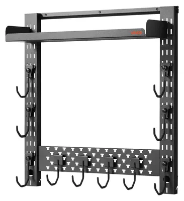 Immagine prodotto di Portarmi da parete, in acciaio resistente, per fucili e fucili a pompa, con ganci a J, vano portaoggetti aggiuntivo e supporto per l'esposizione di accessori per armi. Può contenere fino a 3 fucili o fucili a pompa, ideale per l'equipaggiamento tattico