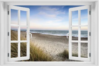 Produktbild von Wallario Wandbild mit Fenster-Illusion: Strandspaziergang im Urlaub an der Ostsee, Größe: 61 x 91,5 cm, Poster mit weißem Aluminiumrahmen