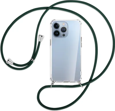 Produktbild von Handykette Backcover-Schutzhülle mit Band (Metall silberfarben) für Apple iPhone 13 Pro - dunkelgrün