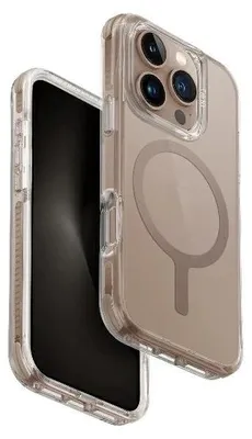 A clear protective case for an iPhone 16 Pro Max, showing the back of the phone and case.