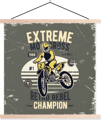 Produktbild von MuchoWow® Textilposter Motorrad - Mann - Retro - Gelb 120x120 cm mit holzfarbenen Rahmen - Textil-Poster